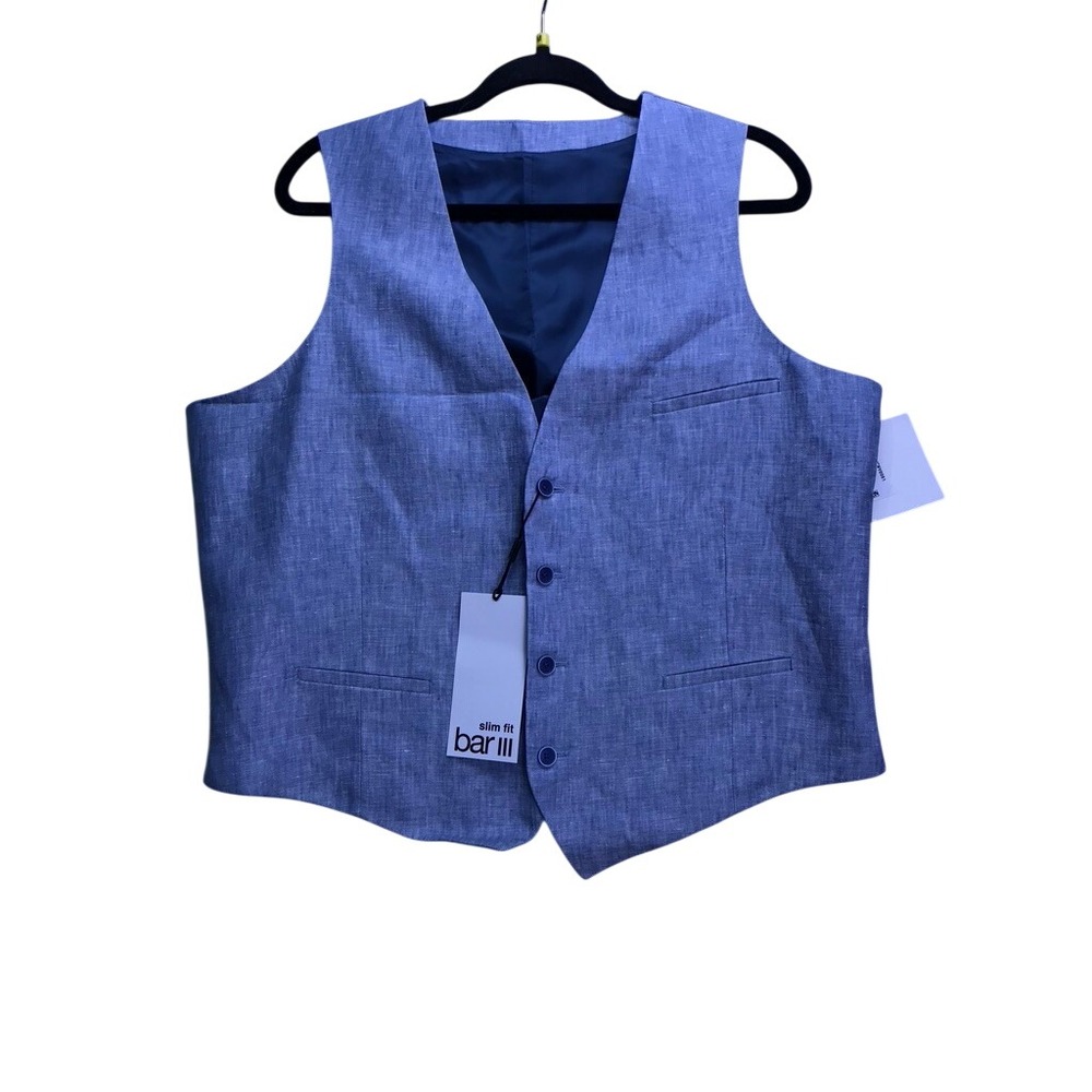 Bar III Suit Vest Mens Large Blue Slim Fit Linen Blend Formal Wedding